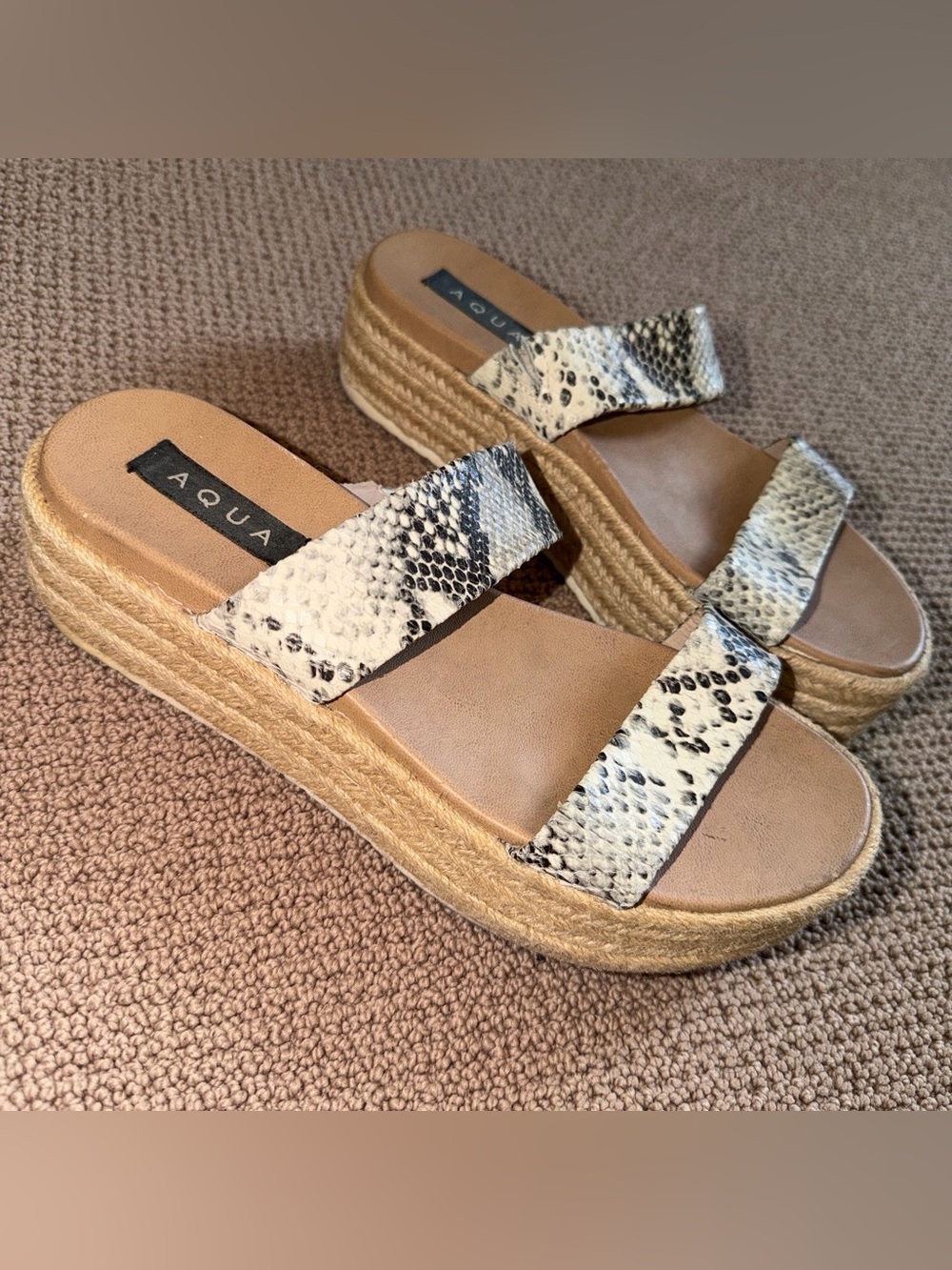 Aqua Beige and Black Snake-Print Espadrille Platform Slides, Size 10